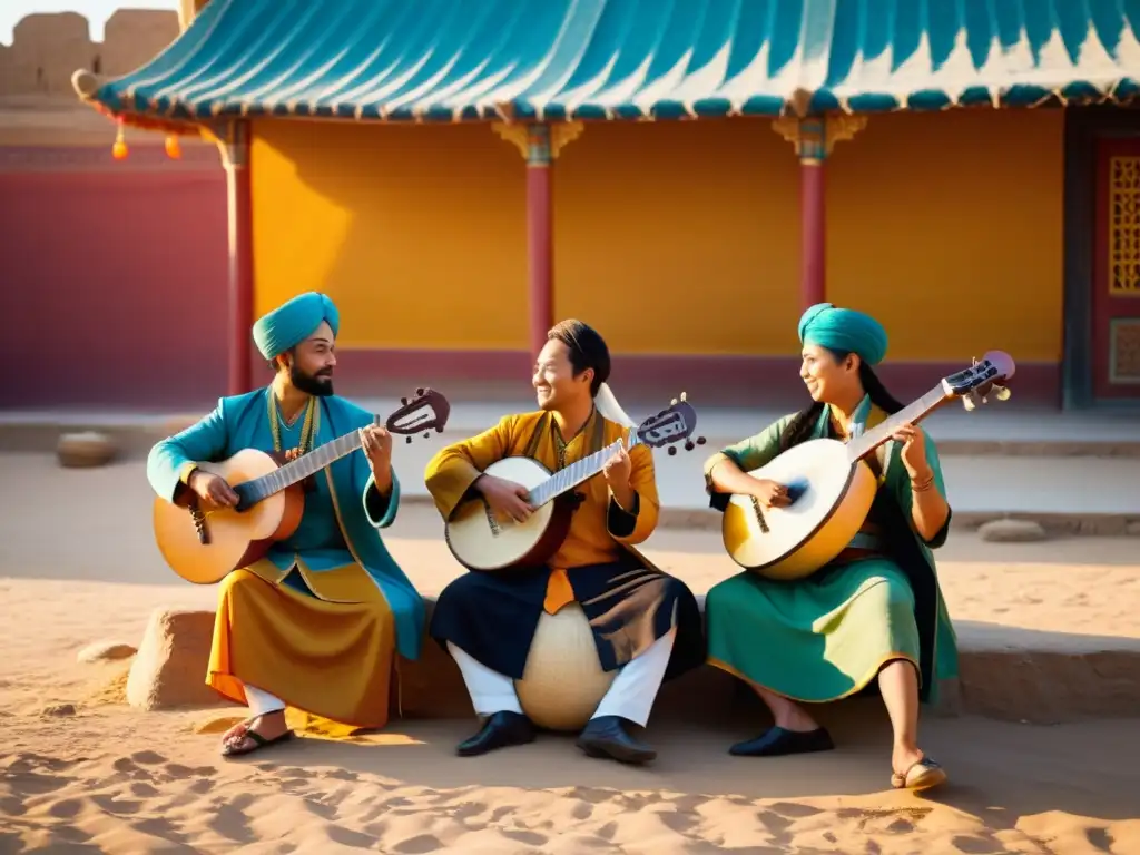 Un grupo de músicos toca instrumentos tradicionales en una antigua posta de la Ruta de la Seda al atardecer, mostrando influencias musicales de la Ruta de la Seda