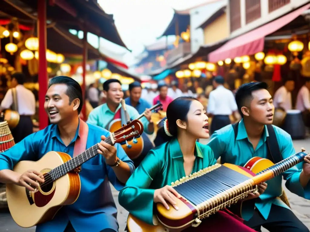 Grupo de músicos tocando instrumentos tradicionales en un bullicioso mercado asiático, mostrando la función de la música en Asia