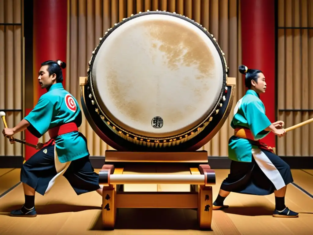 Un grupo de músicos japoneses vistiendo atuendos tradicionales ejecutan con maestría un taiko japonés, transmitiendo la energía y la pasión de esta antigua práctica cultural