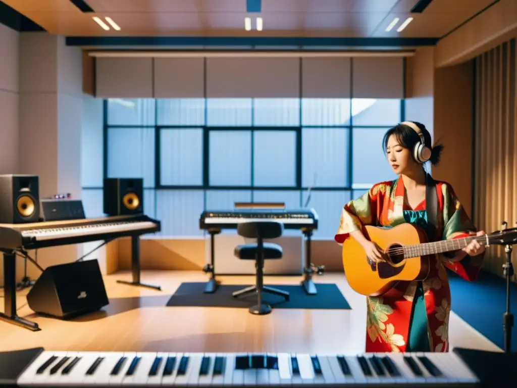 Un grupo de músicos japoneses jóvenes ensaya en un estudio moderno con equipo de audio de última generación