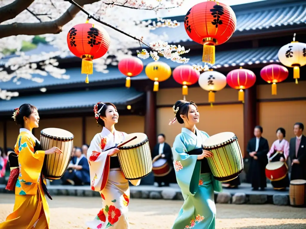 Grupo de músicos japoneses tradicionales con kimonos coloridos tocando instrumentos tradicionales en un festival en Kyoto