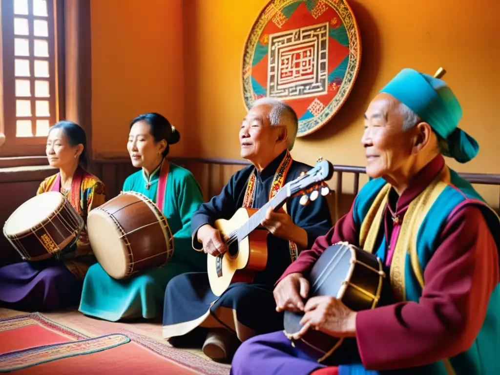 Grupo de músicos de minorías étnicas chinas tocando instrumentos tradicionales en una habitación llena de luz cálida y colorida