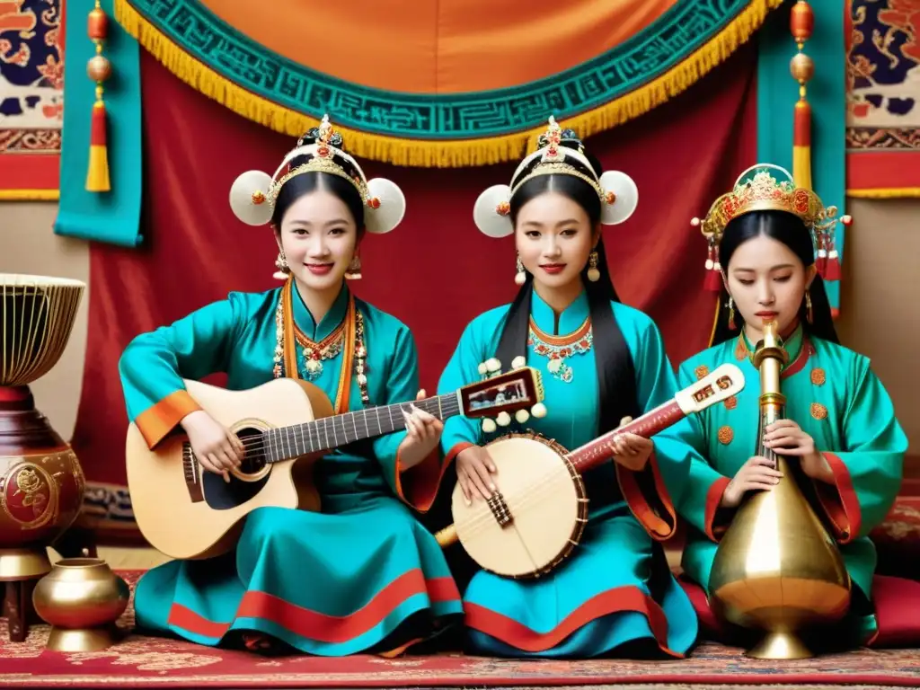 Grupo de músicos de minorías étnicas en China, vistiendo trajes tradicionales, tocando instrumentos rodeados de textiles vibrantes