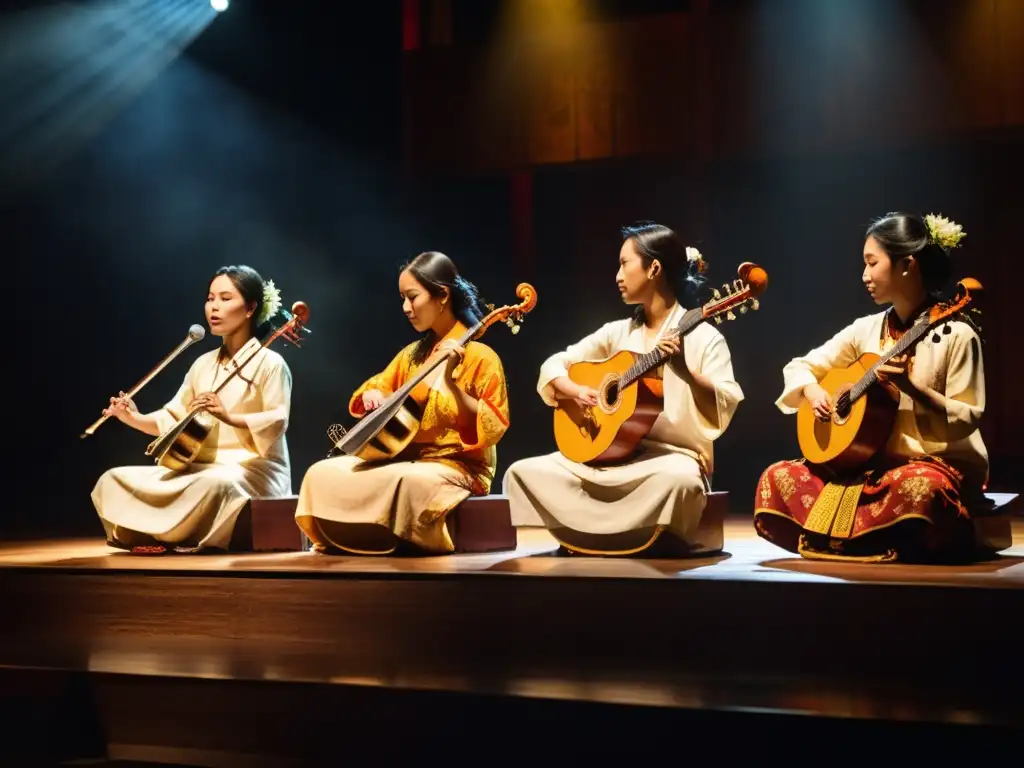 Un grupo de músicos modernos interpreta instrumentos de música asiática tradicional en un escenario tenue, iluminados por cálidas luces de escenario