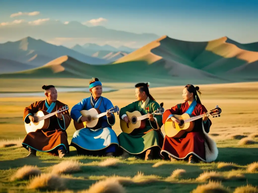 Grupo de músicos mongoles vistiendo atuendos tradicionales, tocando instrumentos y cantando en la estepa mongol rodeados de yaks