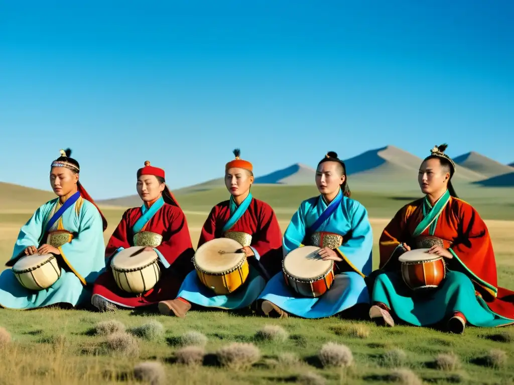 Grupo de músicos mongoles en trajes tradicionales realizando cantos de garganta y tocando instrumentos en la estepa, bajo un cielo azul