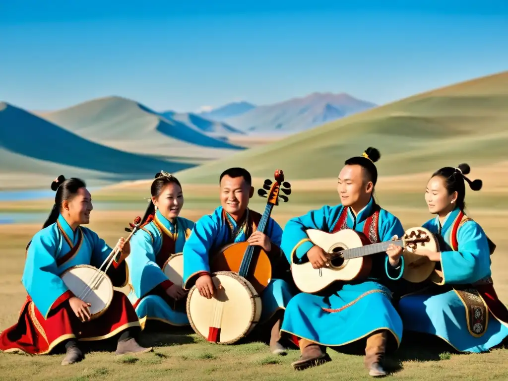 Un grupo de músicos mongoles vestidos con atuendos tradicionales, tocando instrumentos como el morin khuur y el yatga, en la vasta estepa mongola