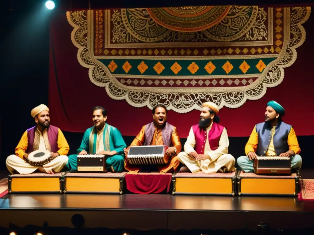 Un grupo de músicos Qawwali en un escenario ricamente decorado, vistiendo ropa tradicional vibrante, tocando instrumentos tradicionales mientras crean un éxtasis sufí música sur Asia