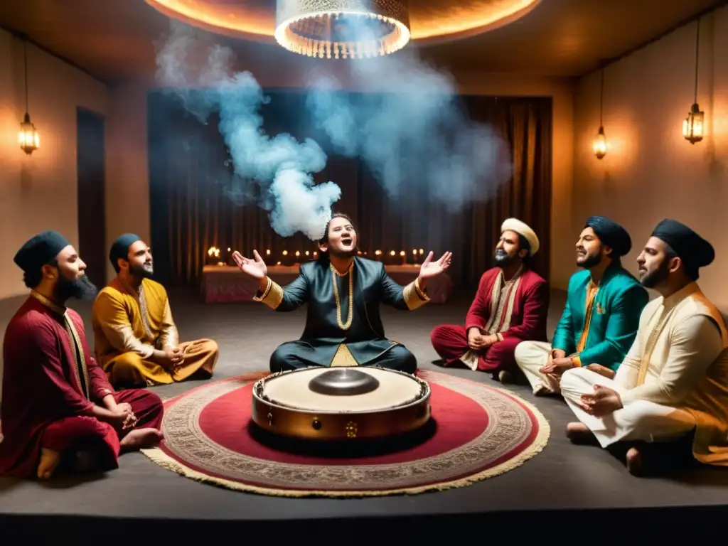 Grupo de músicos de Qawwali en éxtasis sufí, inmersos en la música espiritual del sur de Asia, con vestimenta tradicional y ambiente místico