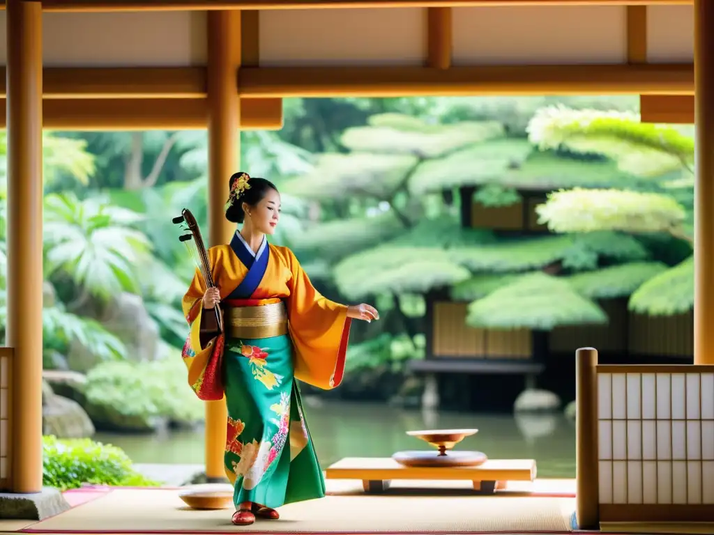 Grupo de músicos de Okinawa tocando el sanshin, rodeados de exuberante vegetación y arquitectura tradicional, mientras una bailarina con kimono colorido realza la atmósfera cultural