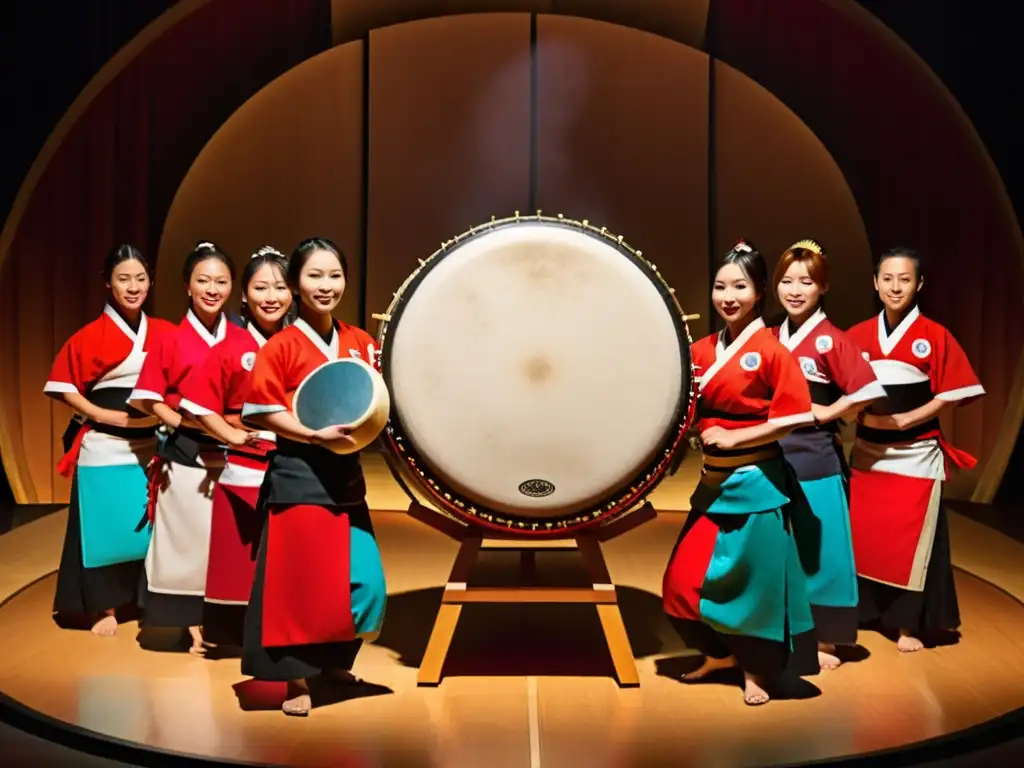 Grupo de músicos taiko con tambores vibrantes y expresiones dedicadas