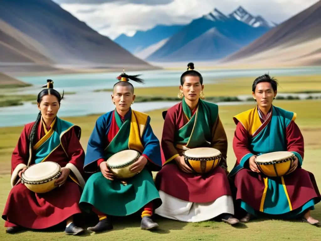 Un grupo de músicos tibetanos, ataviados con trajes tradicionales, interpretan música rodeados por las imponentes montañas del Tíbet