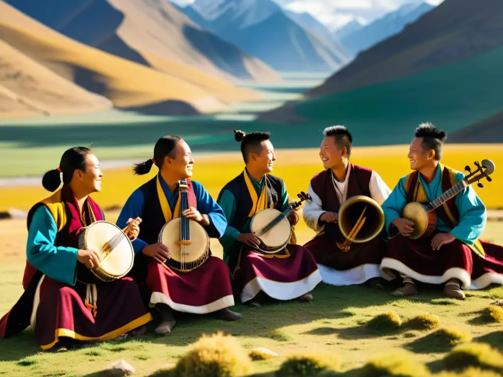 Un grupo de músicos tibetanos toca instrumentos tradicionales rodeados de las majestuosas montañas del Tíbet