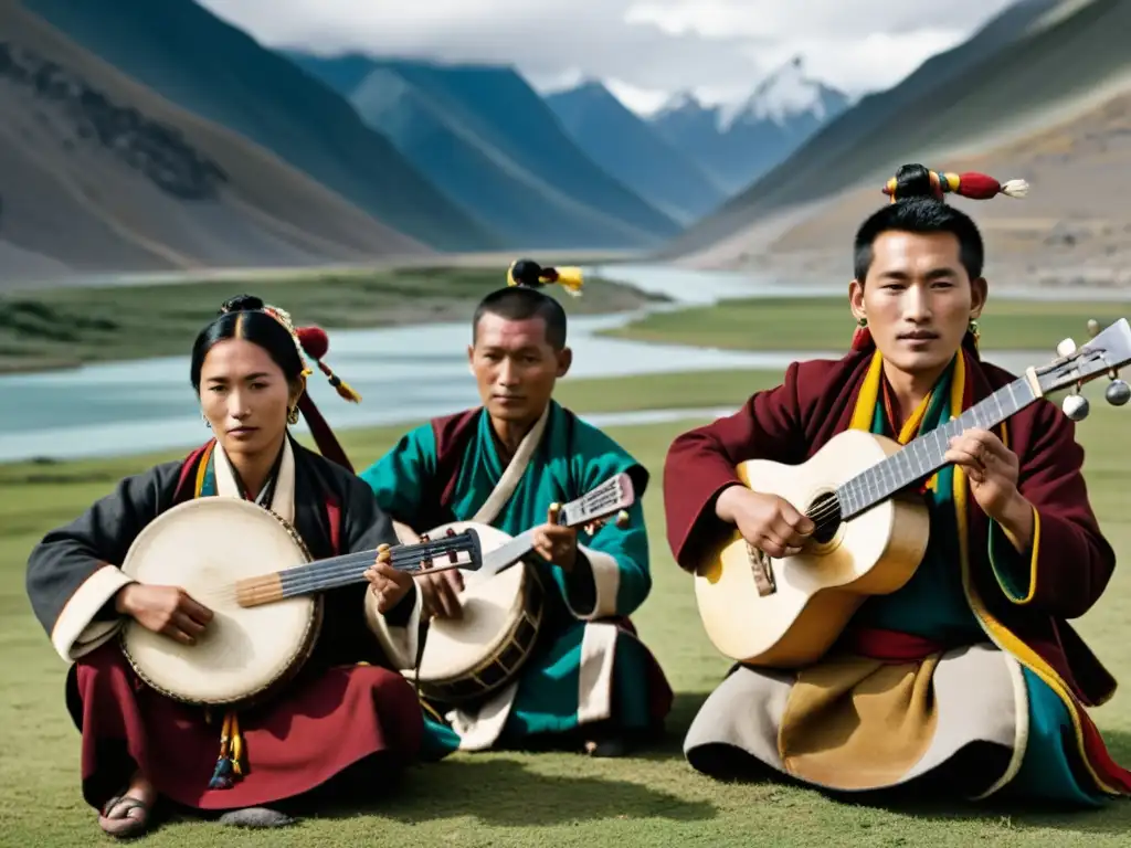 Grupo de músicos tibetanos tocando instrumentos tradicionales frente a los Himalayas, transmitiendo la resistencia de la música tradicional tibetana