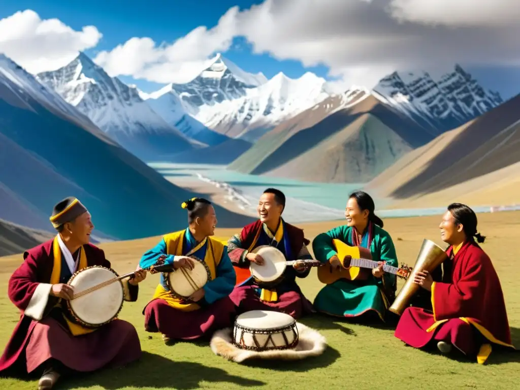 Un grupo de músicos tibetanos tocan instrumentos tradicionales y cantan rodeados de banderas de oración con montañas nevadas de fondo