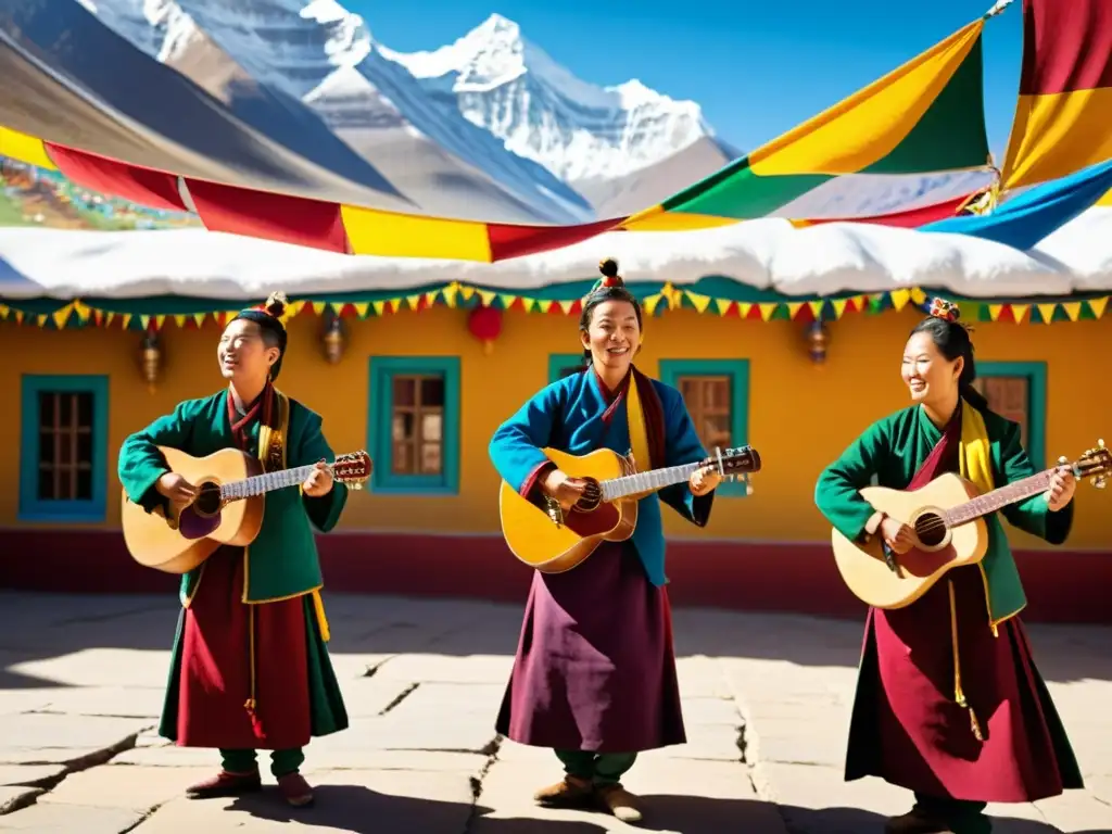 Grupo de músicos tibetanos interpretando música tradicional con instrumentos, rodeados de montañas y banderas de oración