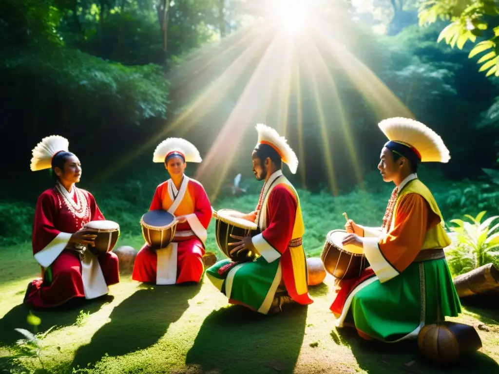 Grupo de músicos tradicionales, ataviados con brillantes trajes, interpretando música ritual en un claro del bosque