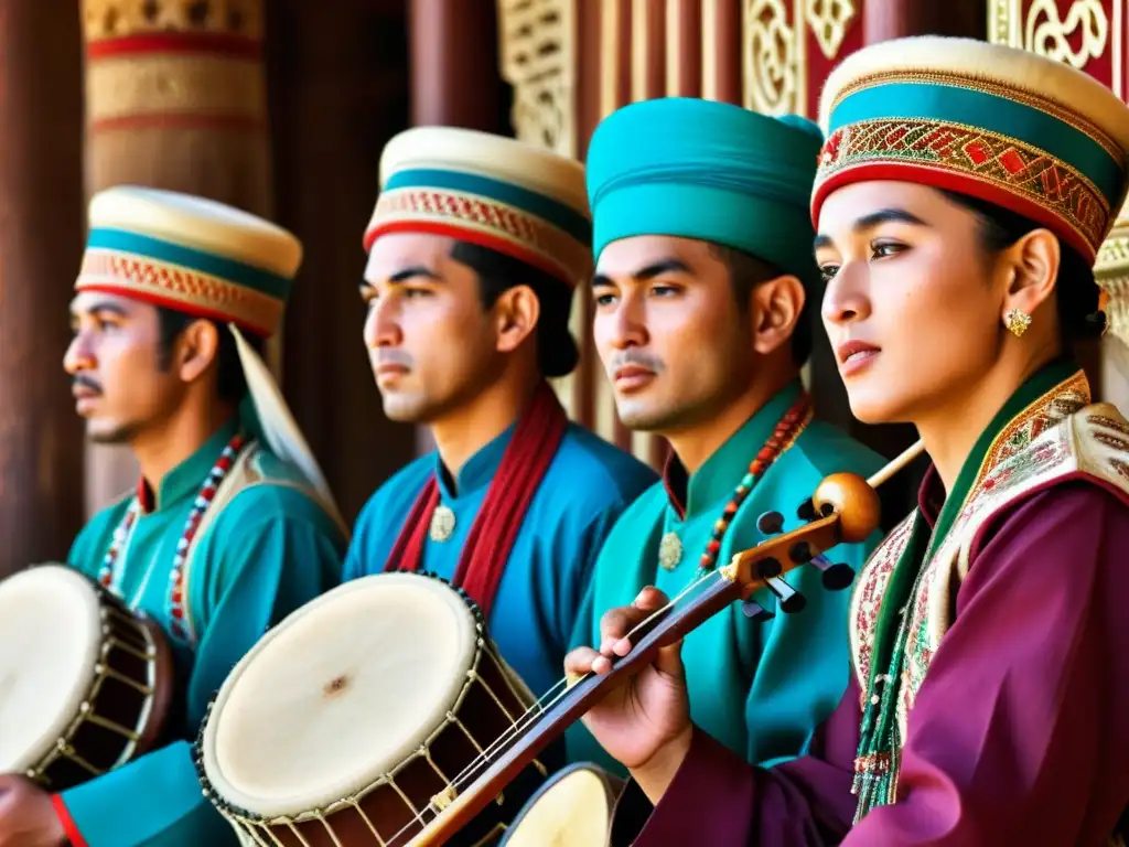 Grupo de músicos tradicionales de Asia Central tocando rebabs, envueltos en colores vibrantes