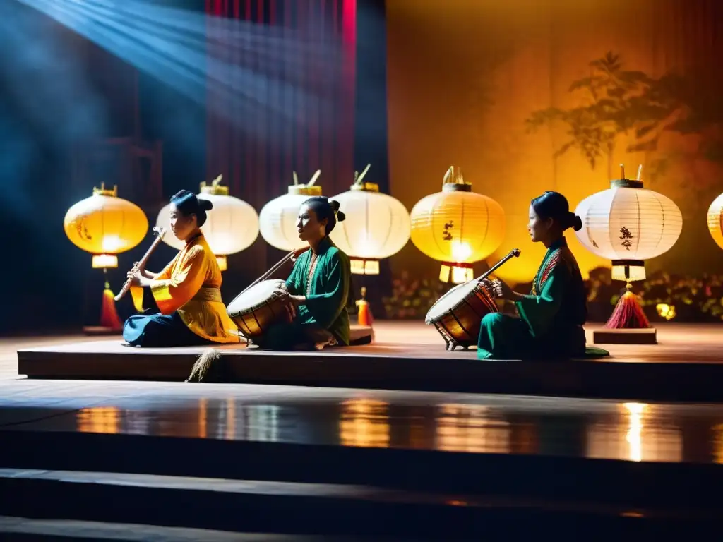 Un grupo de músicos tradicionales vietnamitas interpretando antiguos instrumentos en un escenario tenue iluminado por faroles