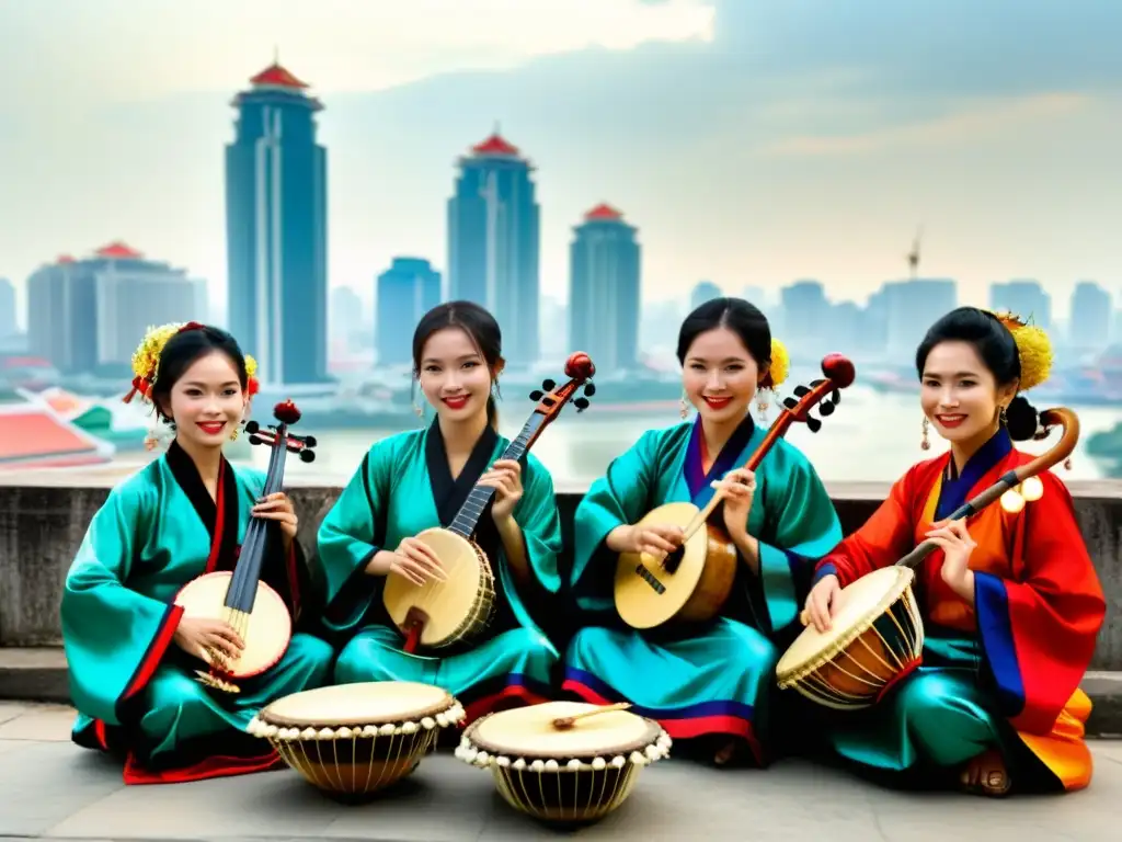 Un grupo de músicos vietnamitas tocan instrumentos tradicionales en medio de una bulliciosa ciudad