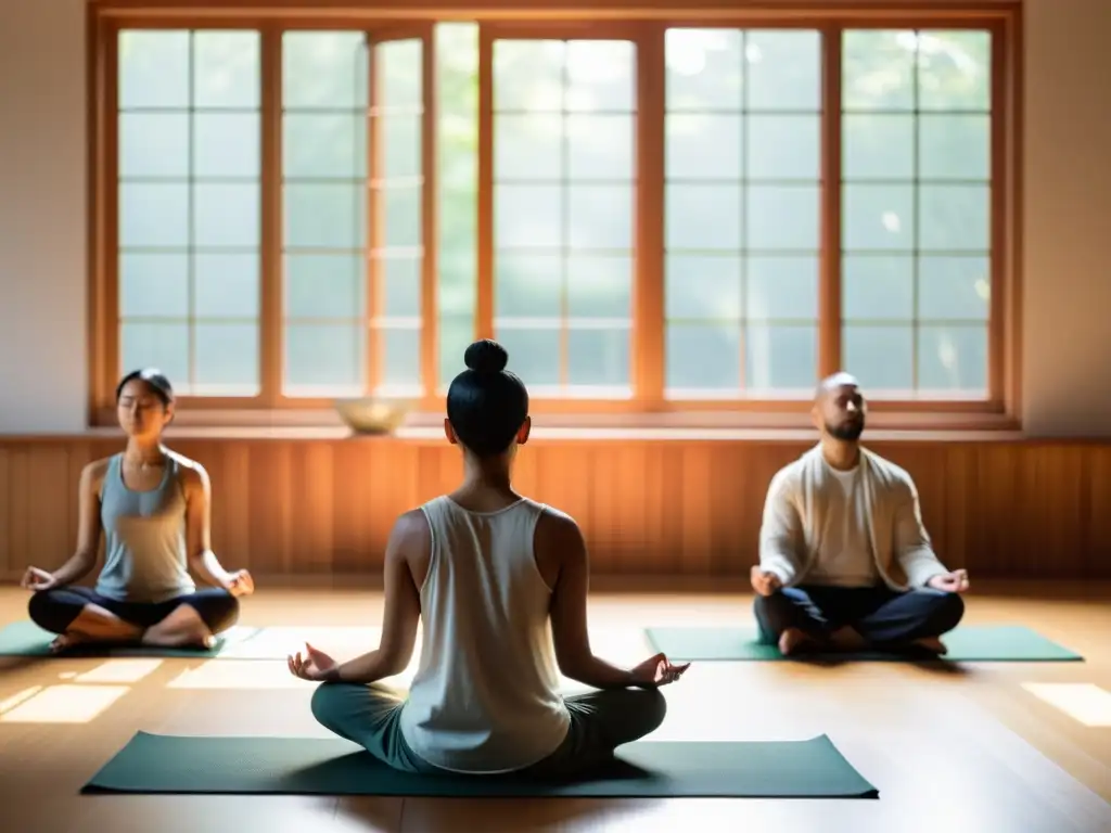 Grupo en meditación, iluminación natural en sala minimalista