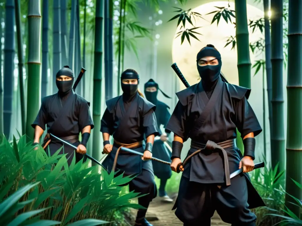 Un grupo de ninjas en un denso bosque de bambú de noche, evocando la mitología del ninjutsu japonés feudal con su sigilosa destreza y misterio