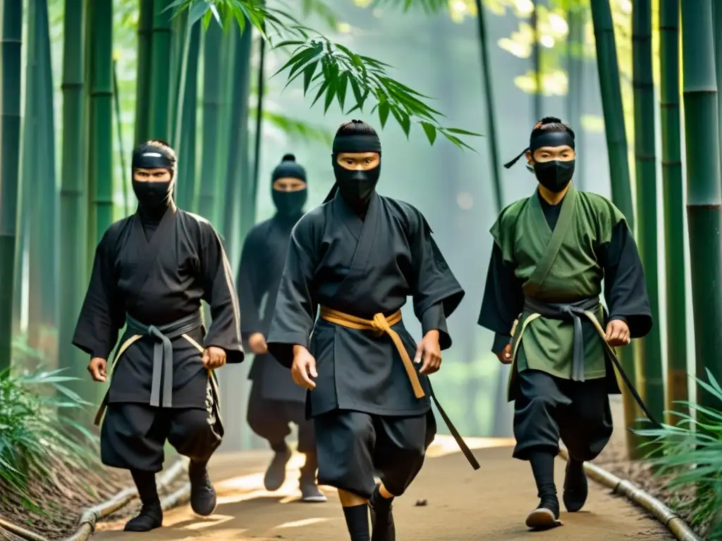 Un grupo de ninjas se desliza sigilosamente entre un denso bosque de bambú al anochecer, evocando la historia y misterios del arte del ninjutsu