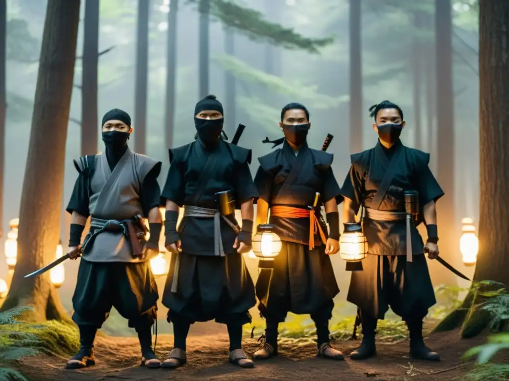 Un grupo de ninjas modernos en un bosque al anochecer, iluminados por linternas