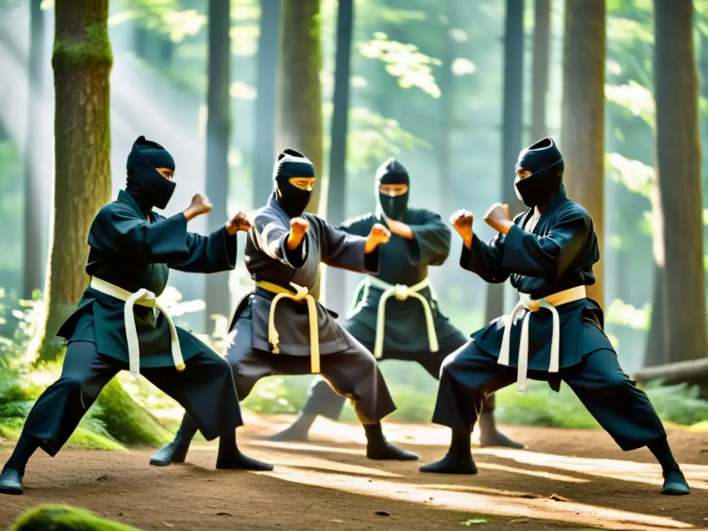 Un grupo de ninjas modernos practica técnicas de artes marciales en un claro del bosque, rodeados de exuberante vegetación