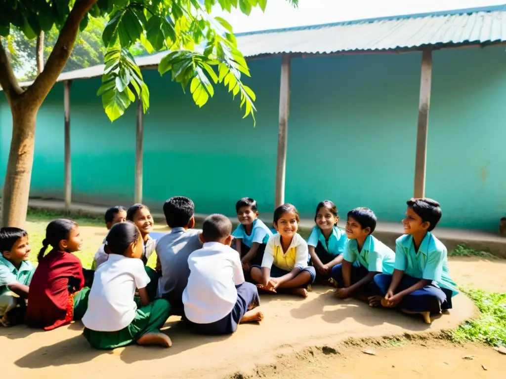 Un grupo de niños en una aldea rural de Bangladesh participa con entusiasmo en una lección al aire libre