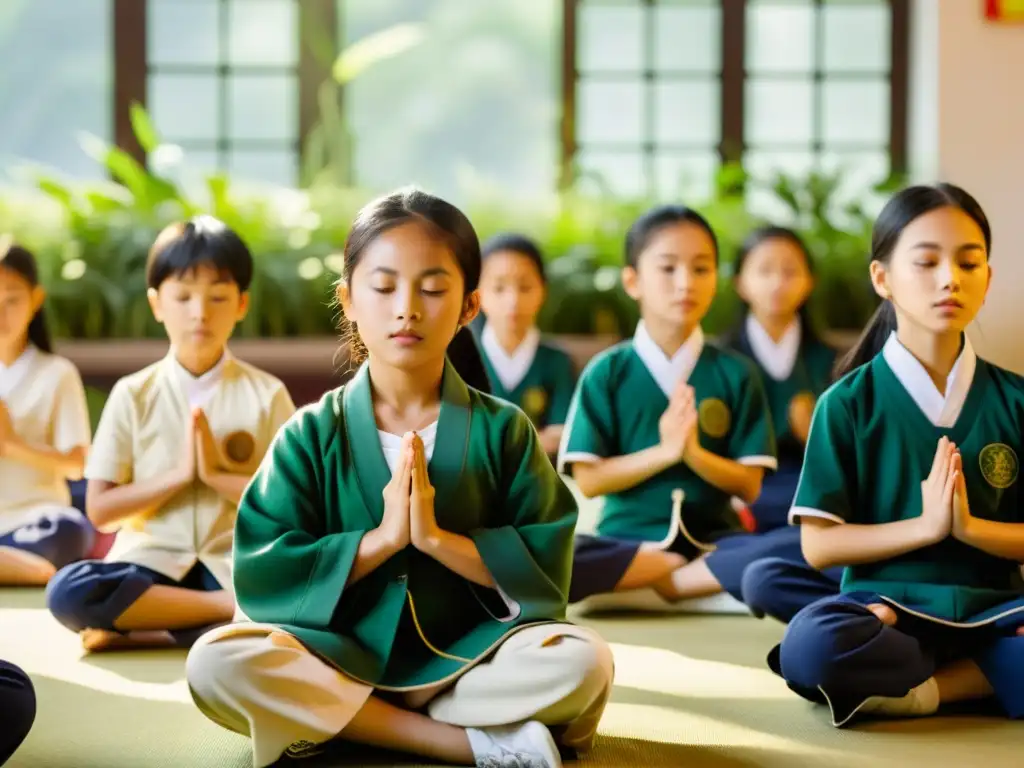 Grupo de niños chinos en meditación guiada en aula soleada, rodeados de plantas y calma, mostrando la integración espiritualidad India China escuelas