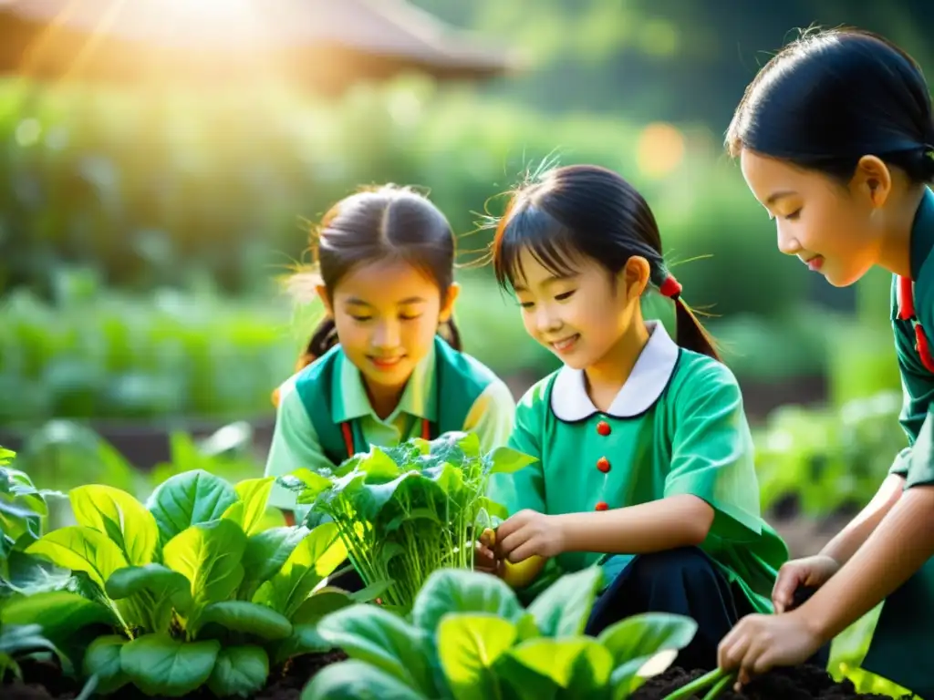 Un grupo de niños chinos trabaja en una huerta, mostrando valores de colaboración y responsabilidad