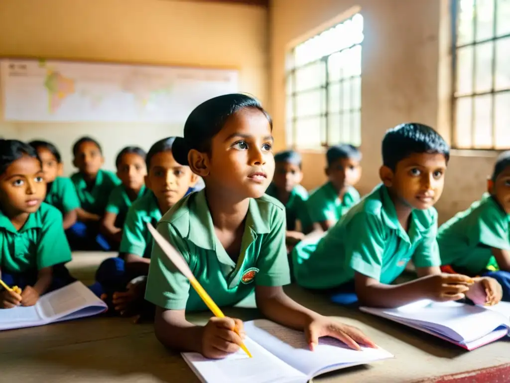 Grupo de niños en Bangladesh participando con entusiasmo en una clase, desafiando la educación para la calidad en Bangladesh