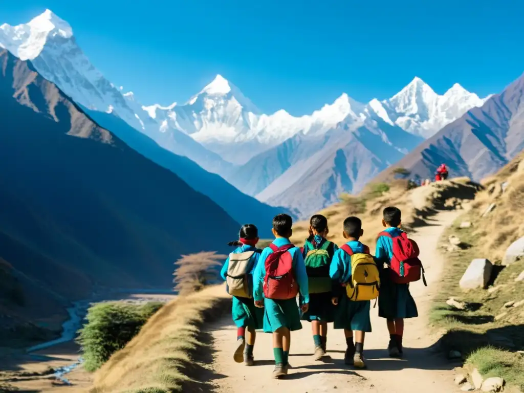 Grupo de niños escolares nepaleses en trajes tradicionales, caminando por sendero de montaña, rodeados de picos del Himalaya y cielo azul