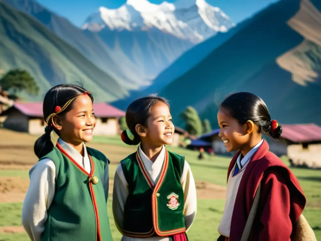 Grupo de niños nepaleses participando en una animada discusión en el aula, con el majestuoso paisaje del Himalaya de fondo