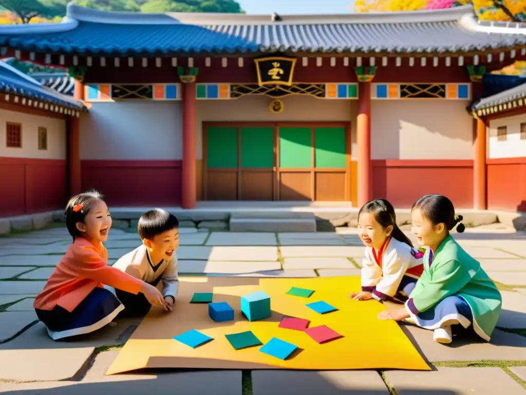 Un grupo de niños juega Ttakji en un patio tradicional coreano con colores vibrantes y risas, creando una atmósfera cultural y alegre