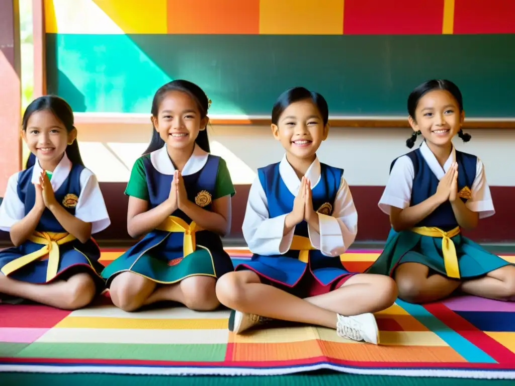 Un grupo de niños tailandeses en trajes tradicionales participa en una innovación educativa en Tailandia, Sudeste Asiático