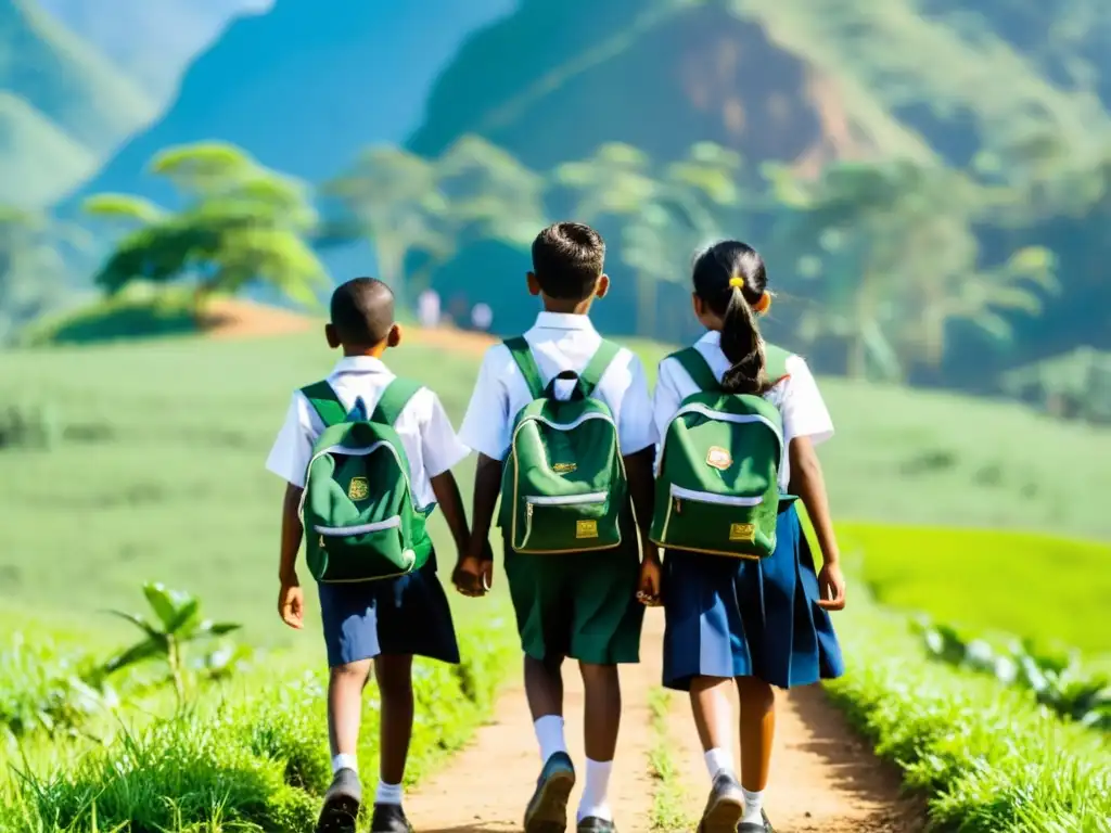 Grupo de niños en Sri Lanka, uniformados, caminan hacia la escuela en un campo verde