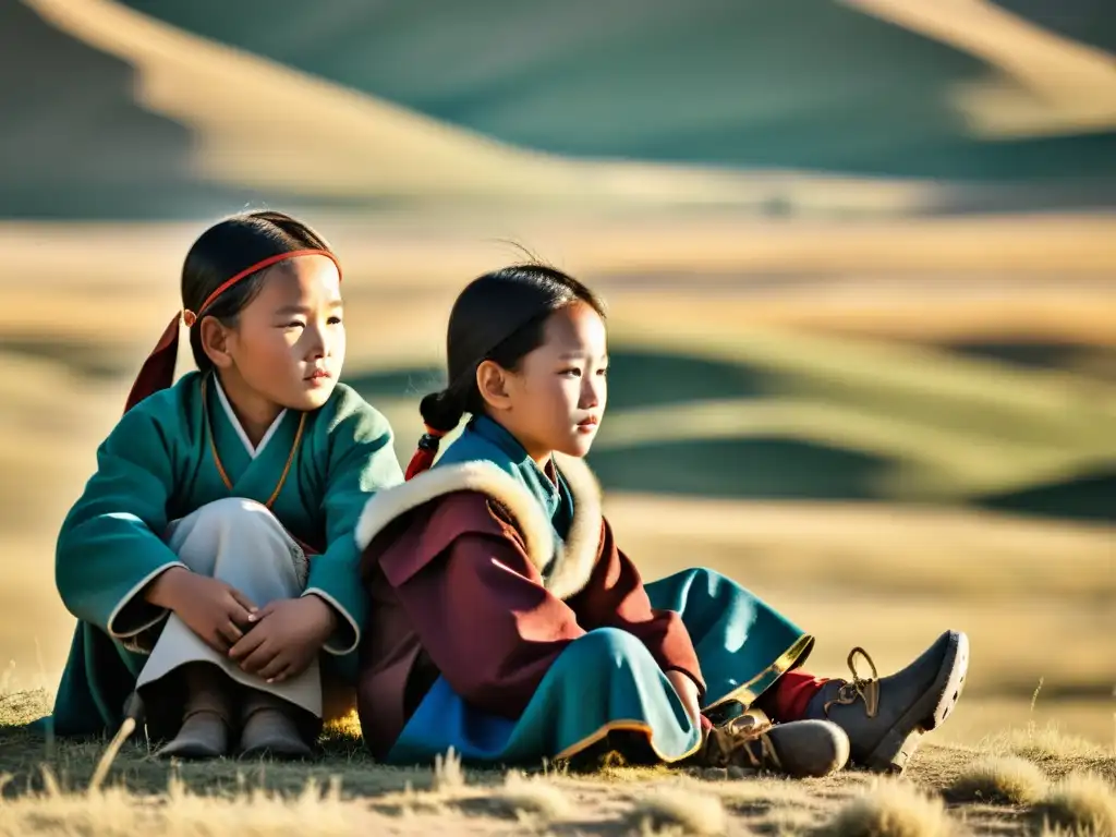 Grupo de niños nómadas mongoles estudian bajo el sol en la vasta estepa