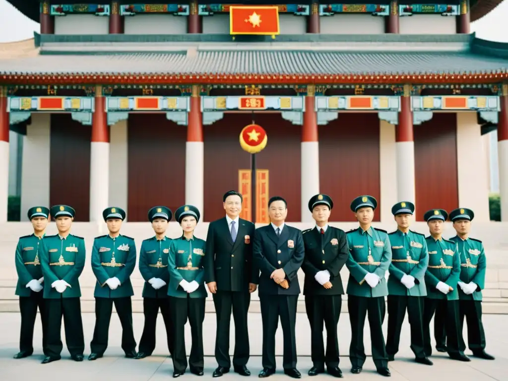 Un grupo de Oficiales del Servicio Civil en China, vistiendo trajes tradicionales con un toque moderno, frente a un edificio gubernamental