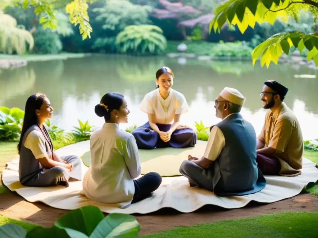 Grupo dialoga sobre filosofía oriental en jardín sereno, mostrando diversidad y empatía