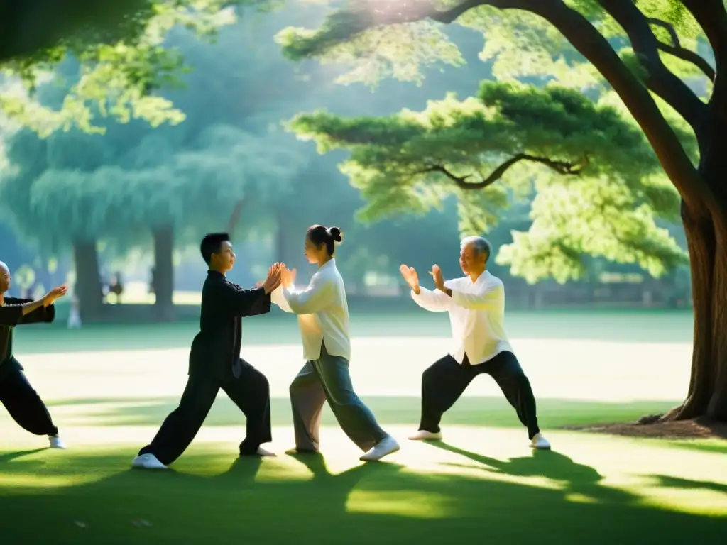 Un grupo practica Tai Chi en un parque sereno, movimientos fluidos