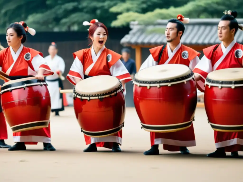 Grupo de percusionistas taiko impactando con precisión en festival japonés, trajes vibrantes en movimiento capturan la energía cultural