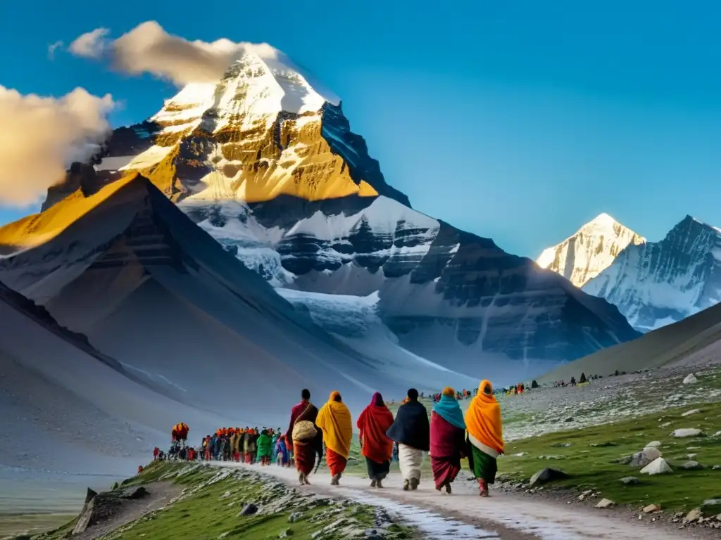 Un grupo de peregrinos camina descalzo alrededor del sagrado Monte Kailash, vistiendo ropas tradicionales y llevando banderas de oración