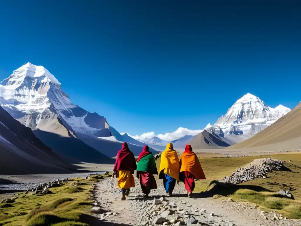 Grupo de peregrinos en el Monte Kailash, cultura asiática, en un viaje espiritual entre montañas nevadas y banderas de oración