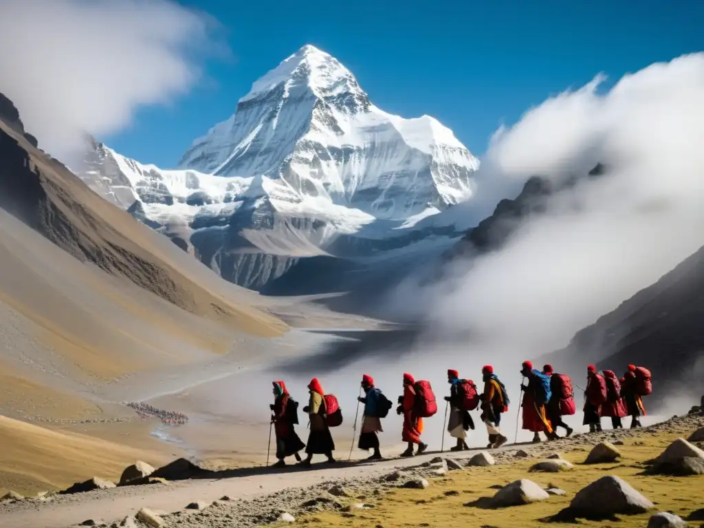 Un grupo de peregrinos avanza con determinación hacia el Monte Kailash, entre picos nevados y banderas de oración