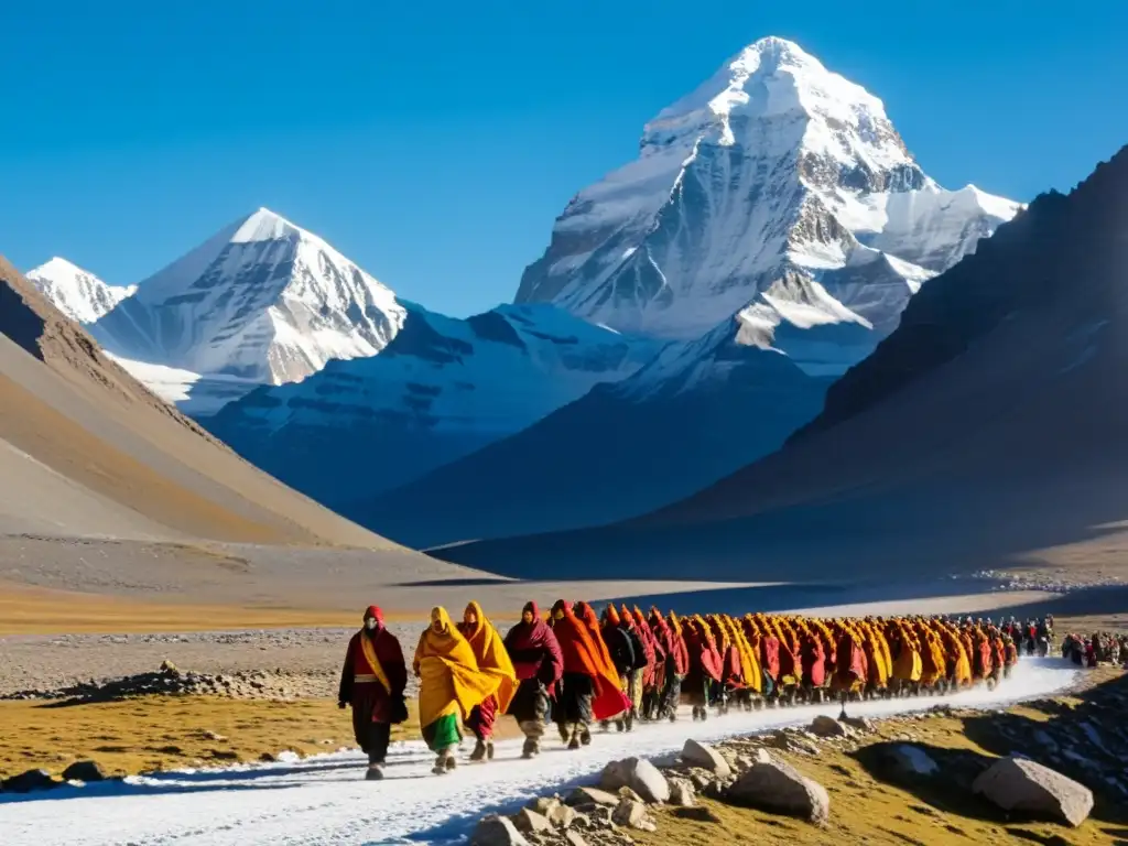 Grupo de peregrinos en el Monte Kailash, con el sol poniéndose detrás del pico nevado, irradiando un cálido resplandor dorado sobre el paisaje