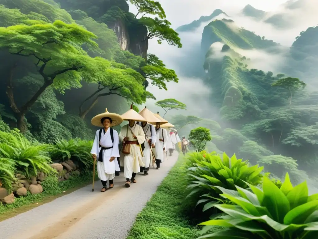 Un grupo de peregrinos en ropa blanca tradicional camina hacia un hermoso templo entre árboles verdes