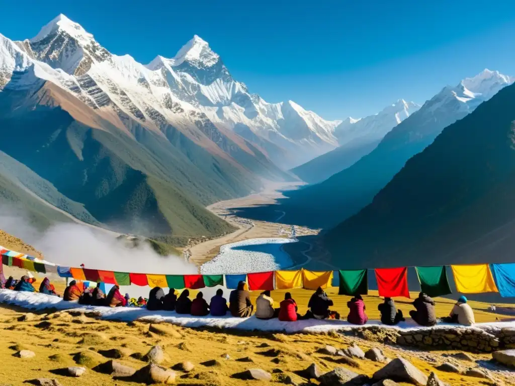 Grupo de peregrinos preparándose para su viaje en un remoto pueblo del Himalaya