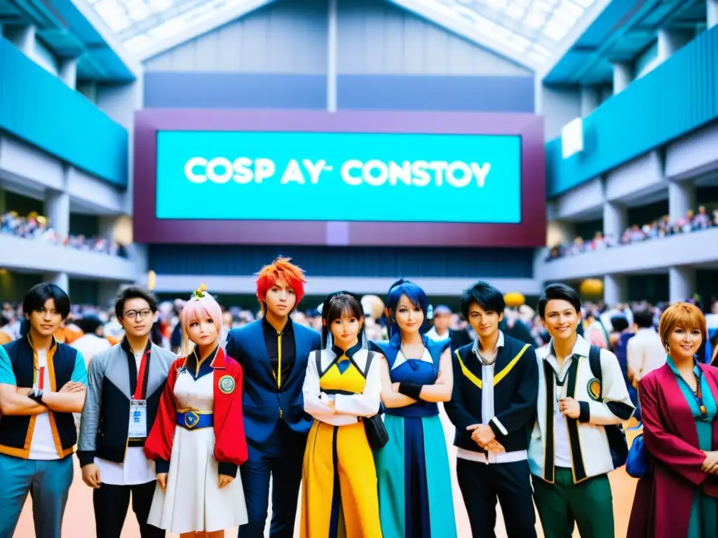 Un grupo de personajes de anime se encuentra en un concurrido centro de convenciones, rodeado de fans diversos con trajes de cosplay